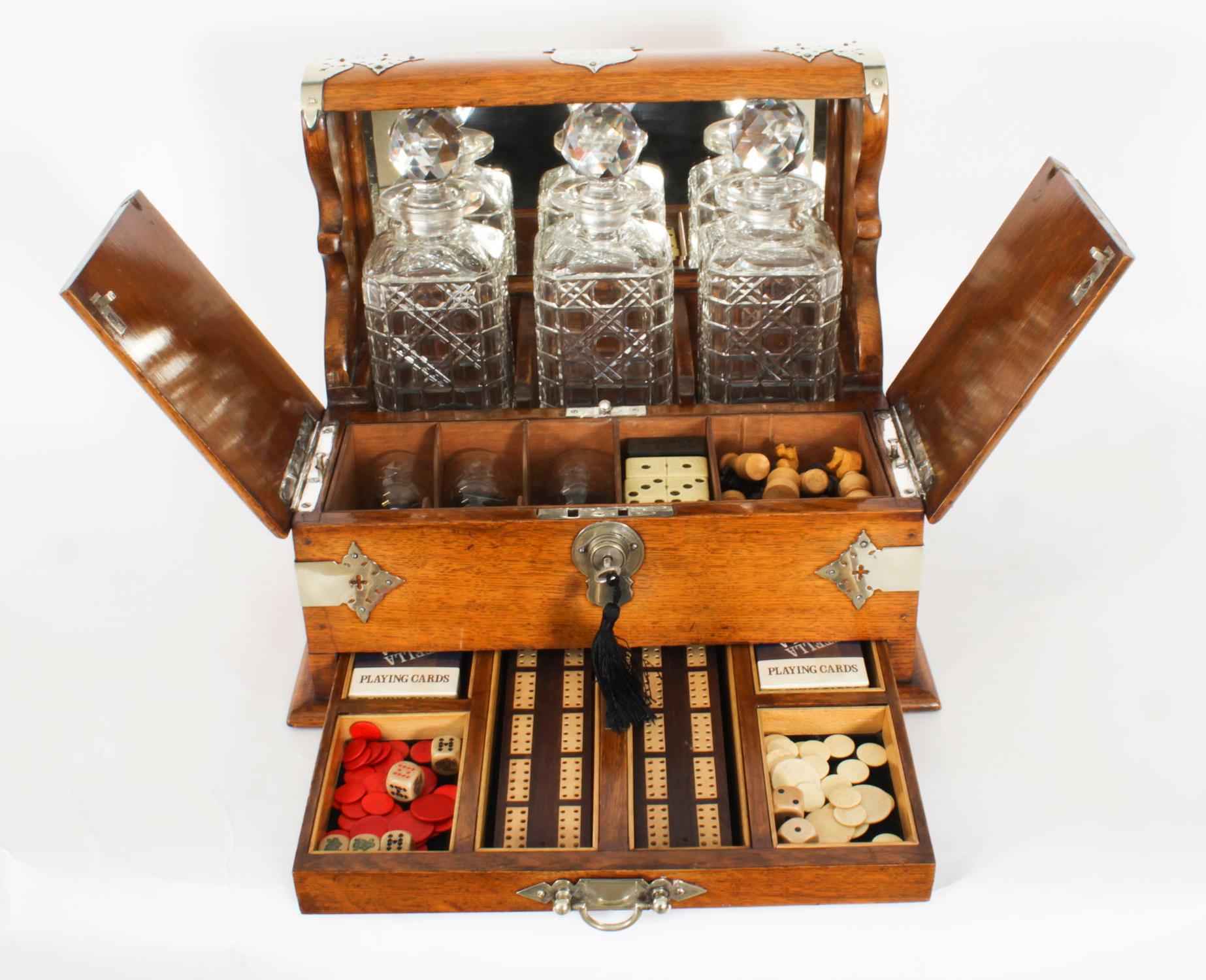 Antique 3 Crystal Decanter Oak Tantalus Dry Bar Games Compendium 19th Century For Sale 6