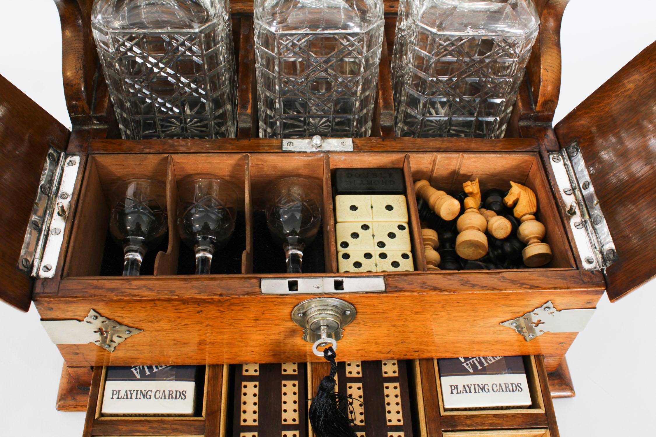 Antique 3 Crystal Decanter Oak Tantalus Dry Bar Games Compendium 19th Century For Sale 8