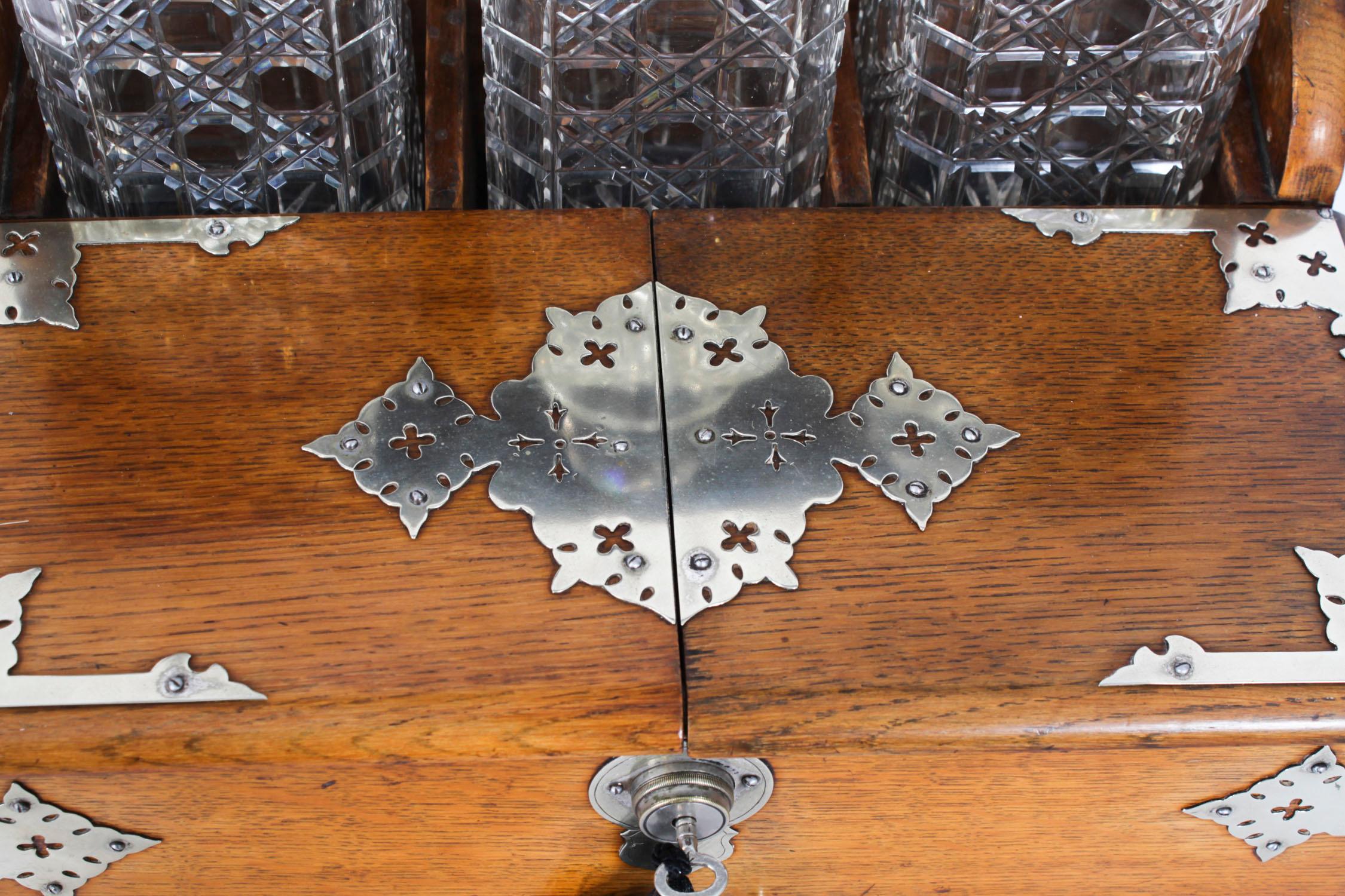 Victorian Antique 3 Crystal Decanter Oak Tantalus Dry Bar Games Compendium 19th Century For Sale