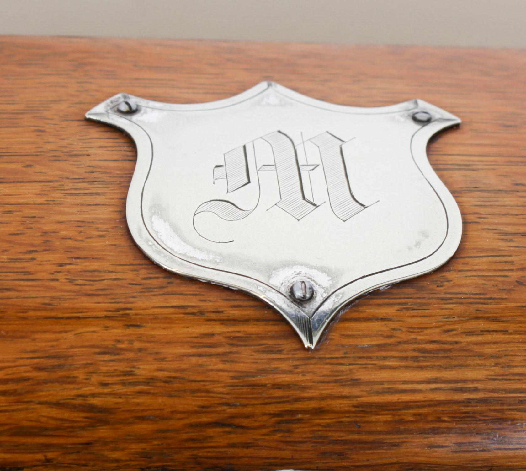Silver Plate Antique 3 Crystal Decanter Oak Tantalus Dry Bar Games Compendium 19th Century For Sale
