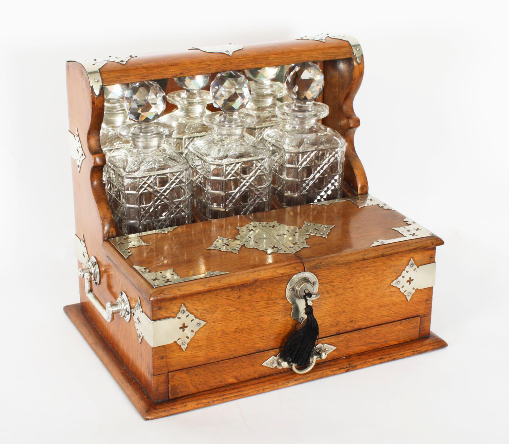 Antique 3 Crystal Decanter Oak Tantalus Dry Bar Games Compendium 19th Century For Sale 1