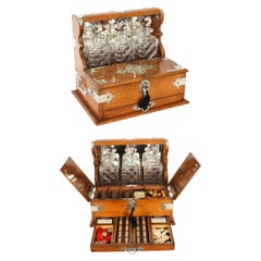Antique 3 Crystal Decanter Oak Tantalus Dry Bar Games Compendium 19th Century