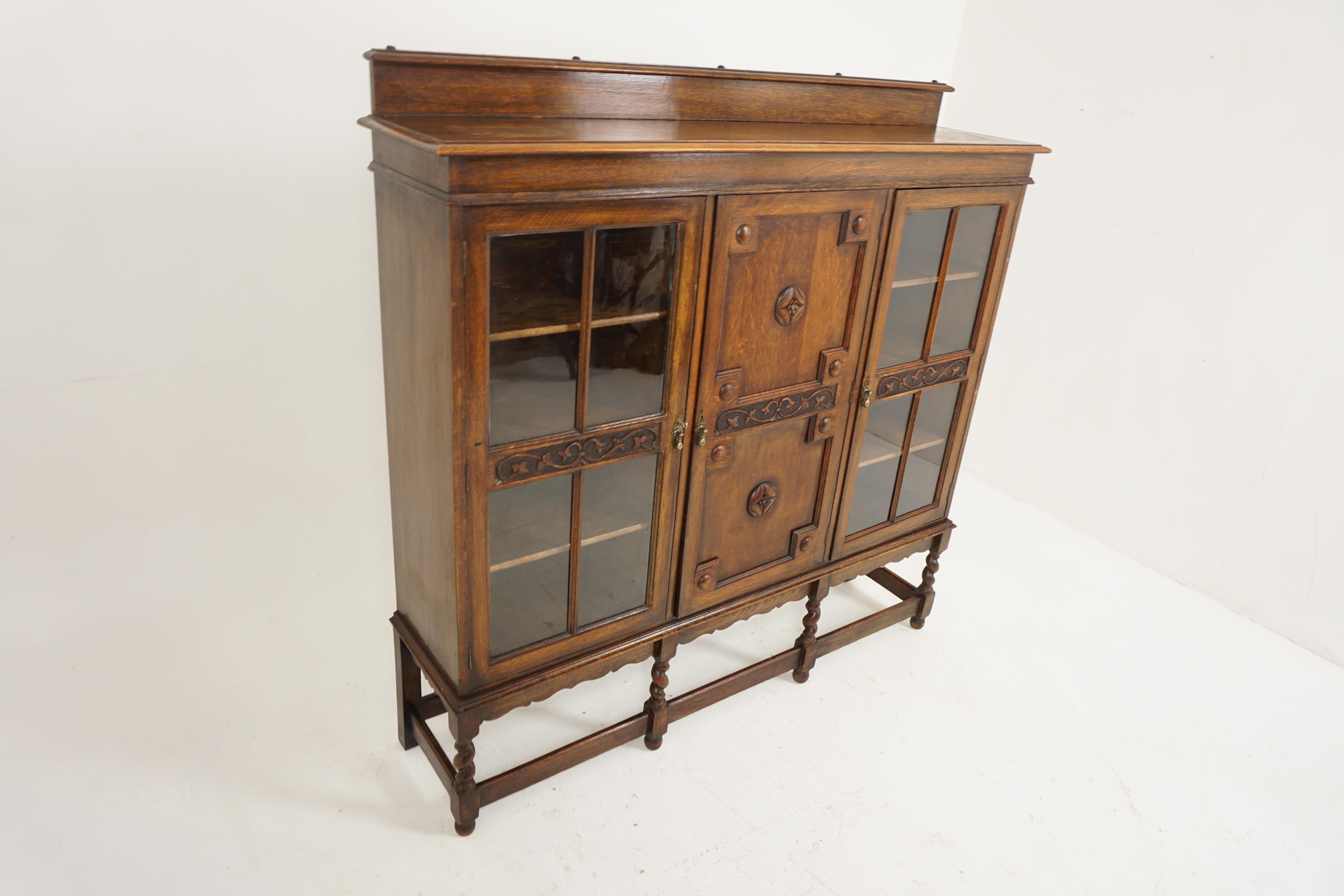 Victorian Antique 3 Door Barley Twist Oak Bookcase Display Cabinet, Scotland 1920, B2665 