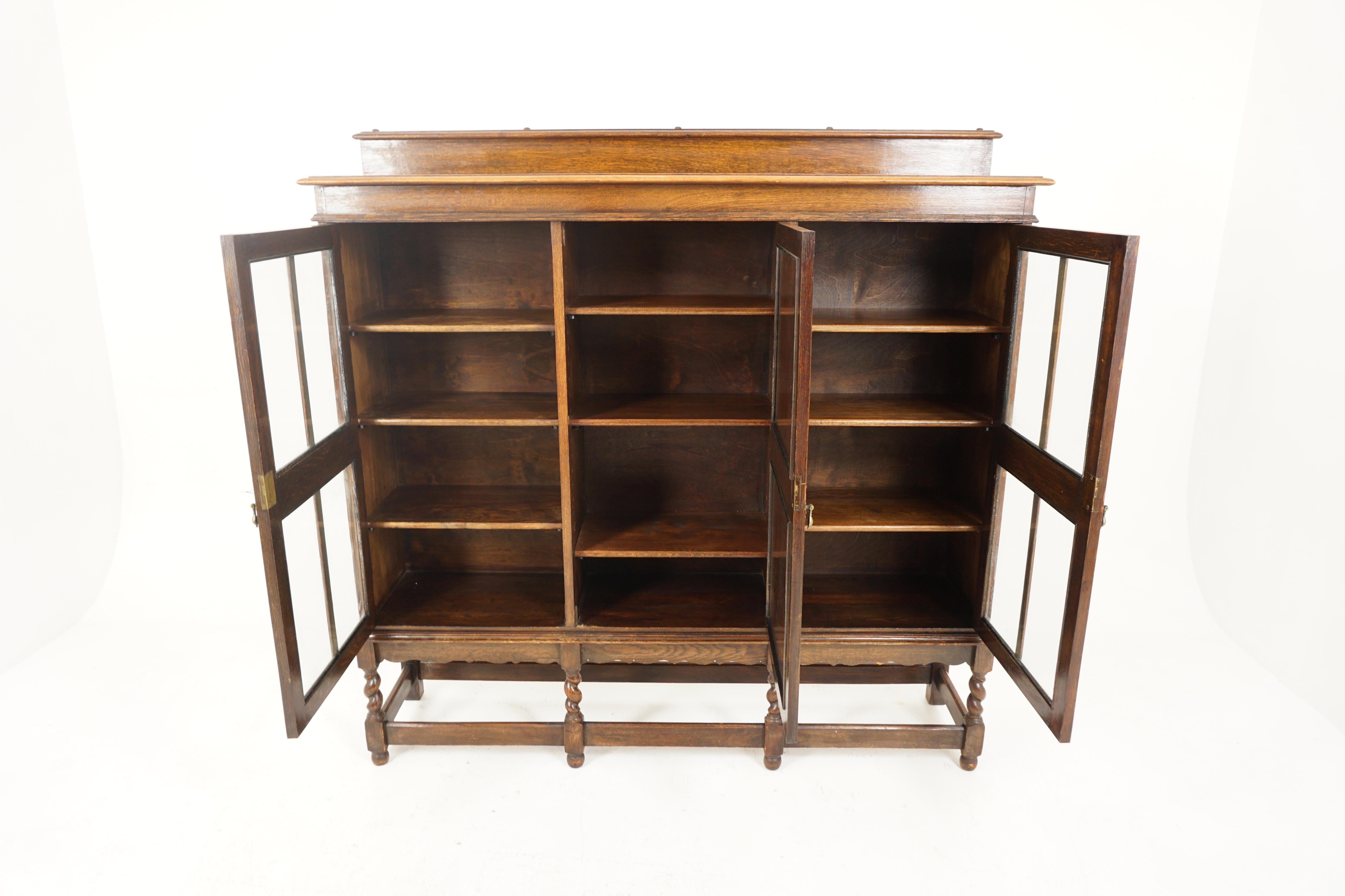 Scottish Antique 3 Door Barley Twist Oak Bookcase Display Cabinet, Scotland 1920, B2665 