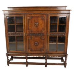 Antique 3 Door Barley Twist Oak Bookcase Display Cabinet, Scotland 1920, B2665 