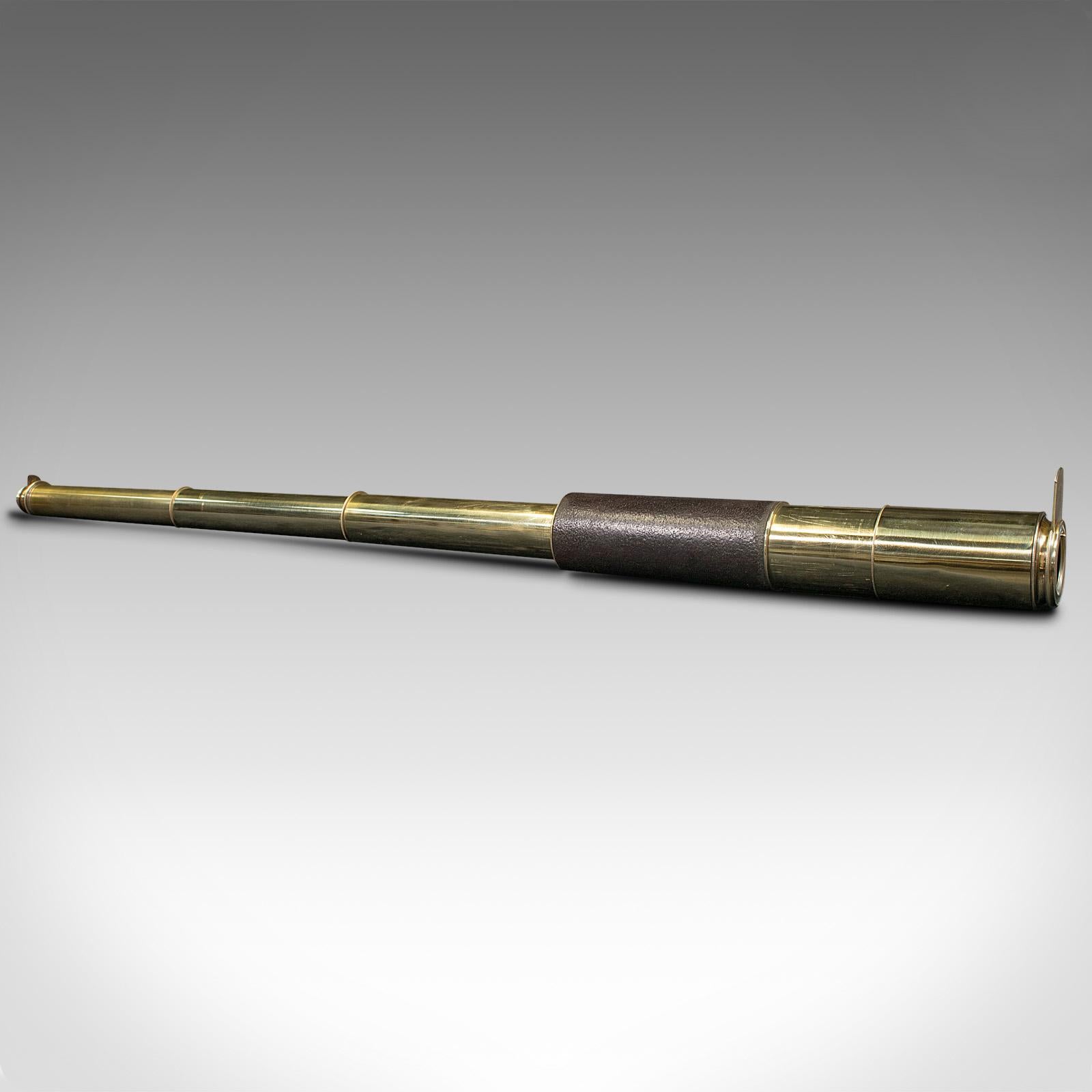 This is an antique 3-draw telescope. An English, brass and leather terrestrial or astronomical refractor, dating to the Victorian period, circa 1870.

Perfect for bird watching, landscape appreciation, wildlife, or maritime observation. Equally