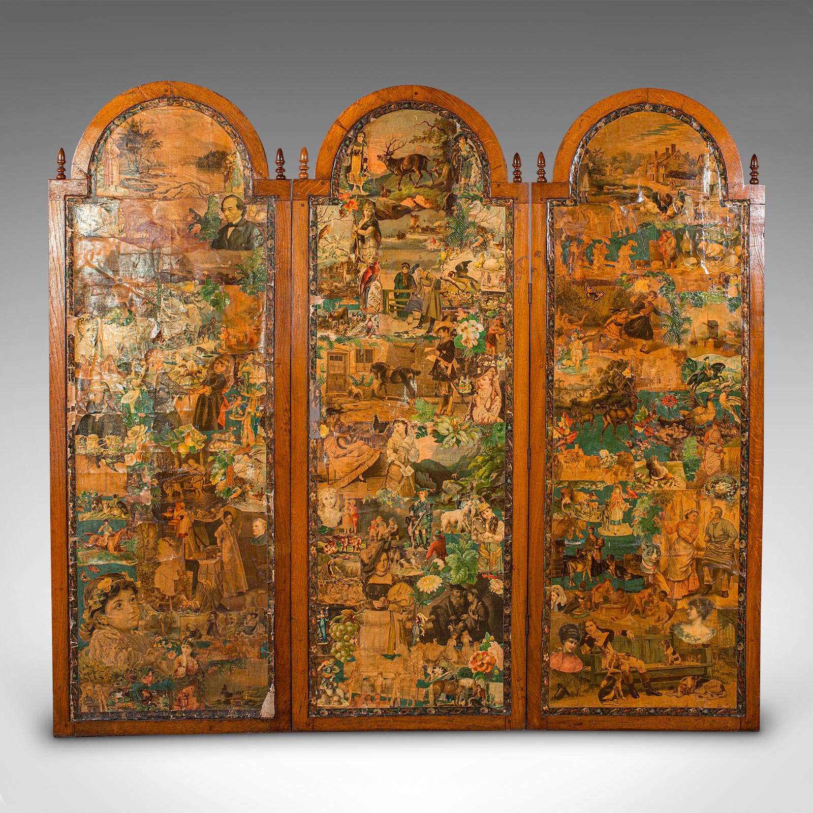 
This is an antique 3 fold scrap screen. An English, oak photographic prop or decorative room divider, dating to the early Victorian period and later, circa 1850.

Strikingly decorated screen, with fascinating colour and black & white