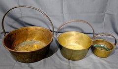 Antique 3 Heavy Solid Copper Buckets with wrought iron handles 19th Century