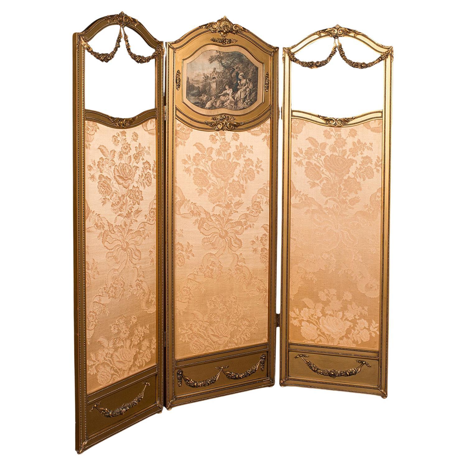 Antique 3 Panel Dressing Screen, French, Giltwood, Room Divider, Victorian, 1900 For Sale