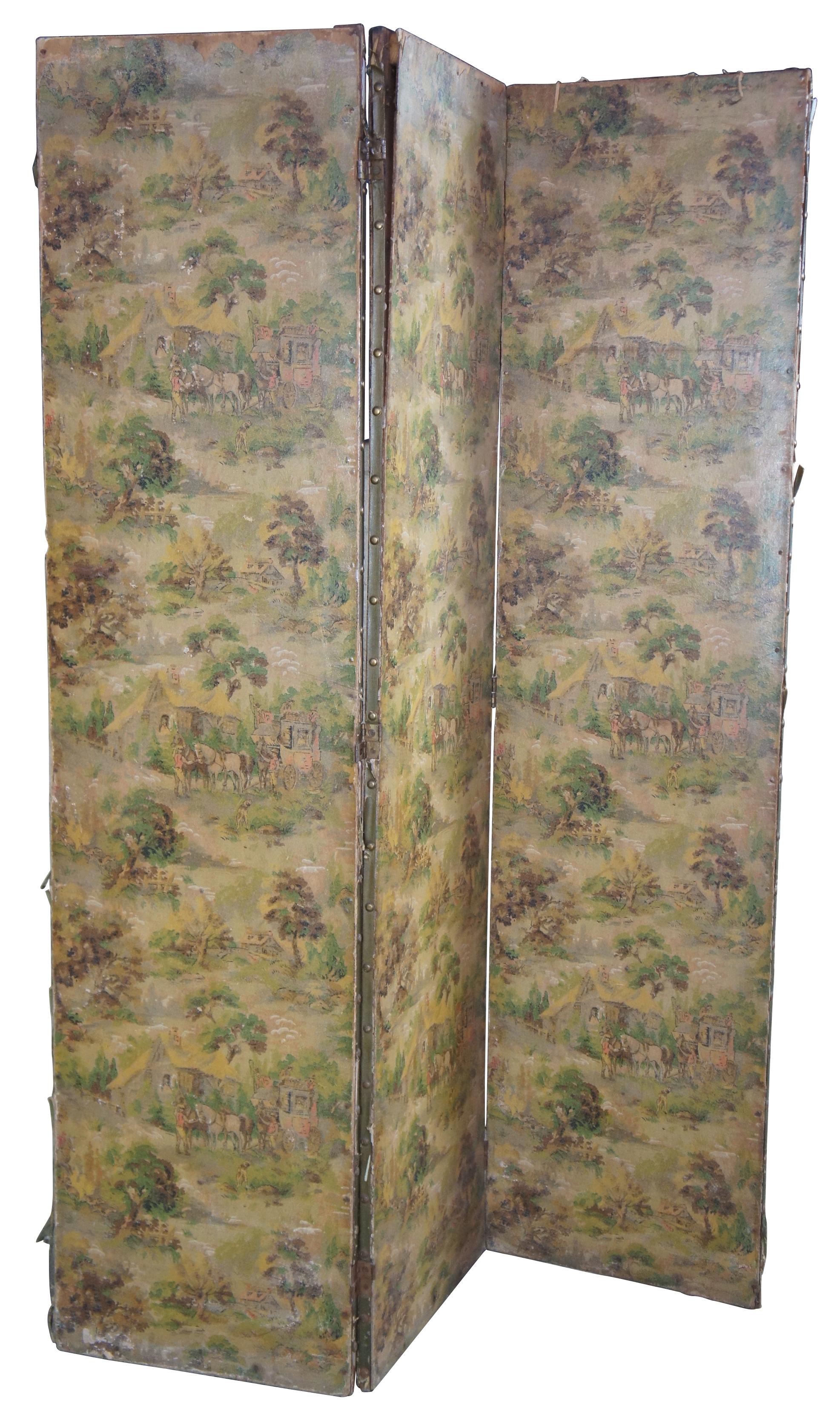 Late Victorian room divider. Features a repeating country landscape with a horse and buffy being loaded outside of a cottage.

Measures: Panel width: 17