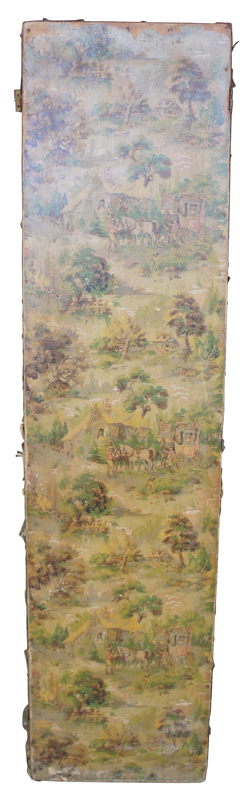 Late Victorian Antique 3-Panel Folding Screen Room Divider Victorian Landscape Lithograph Scene