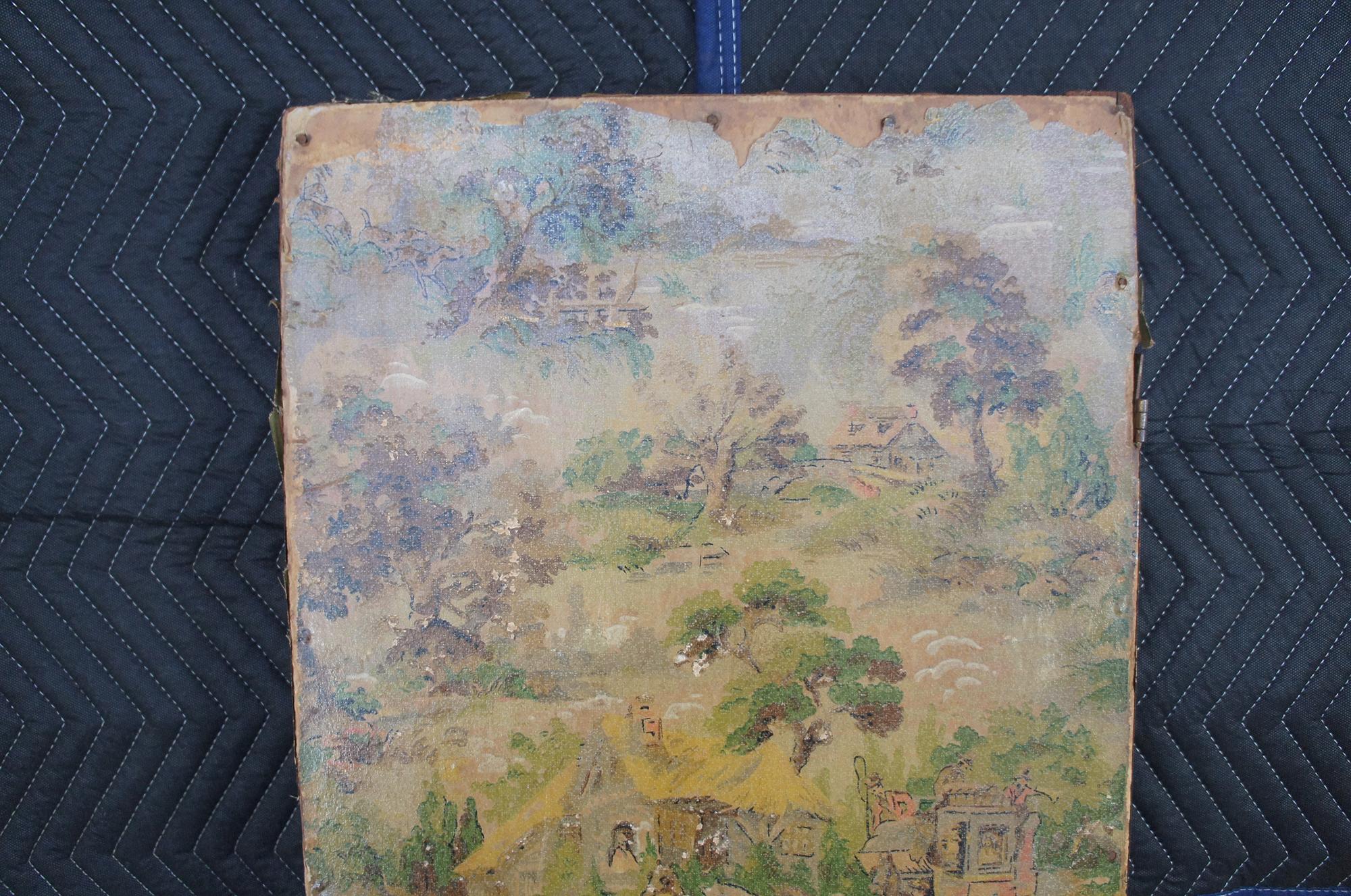 Antique 3-Panel Folding Screen Room Divider Victorian Landscape Lithograph Scene In Good Condition In Dayton, OH