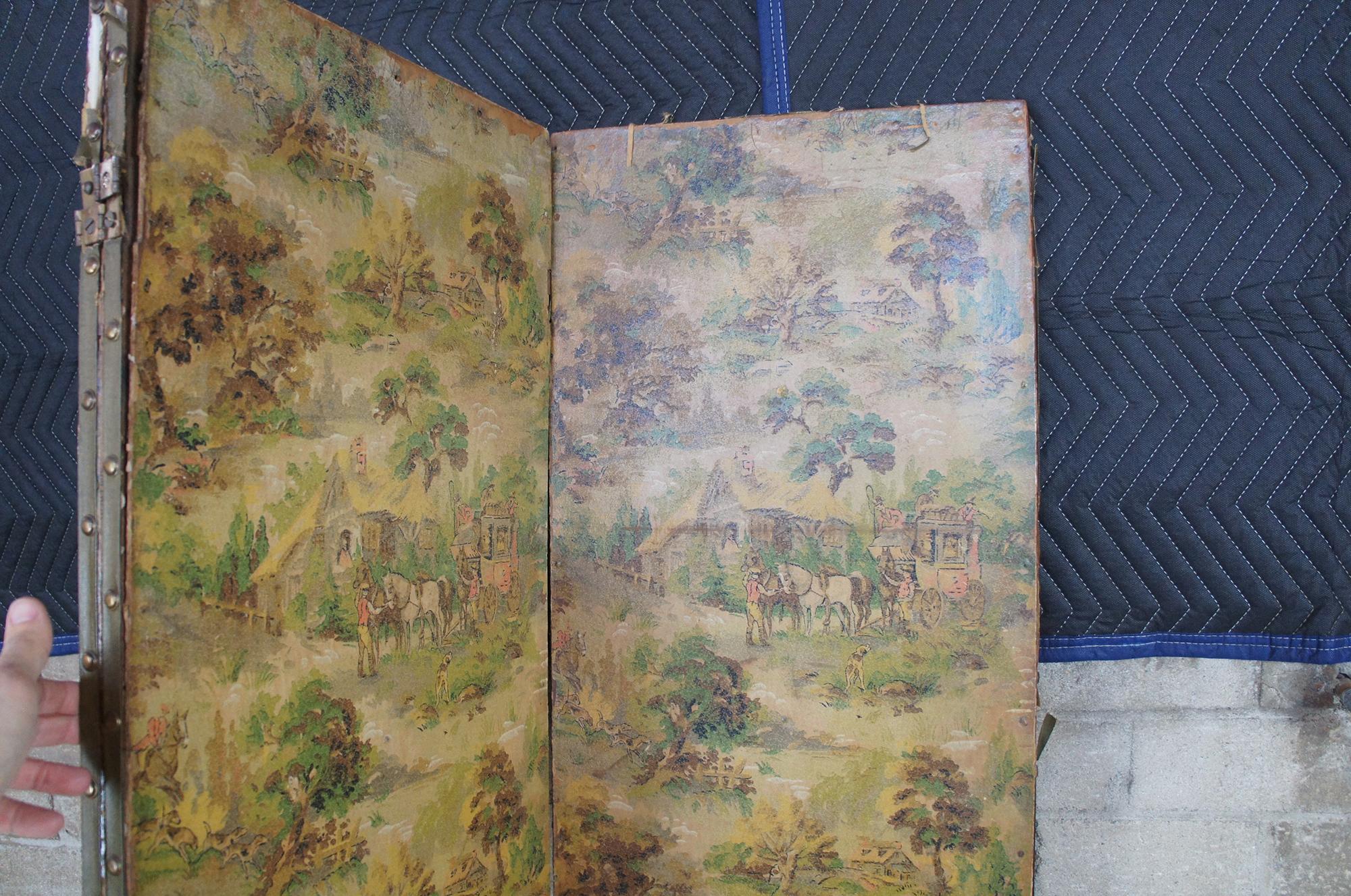 Antique 3-Panel Folding Screen Room Divider Victorian Landscape Lithograph Scene 2