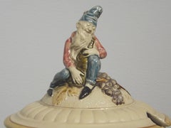 Antique 3-Piece Mettlach Punch Bowl Decorated with Wine Grapes and Gnome