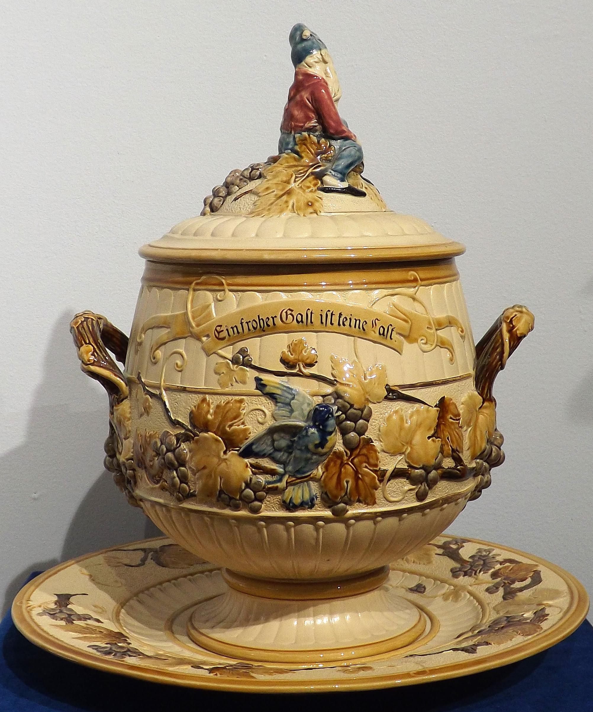German Antique 3-Piece Mettlach Punch Bowl Decorated with Wine Grapes and Gnome For Sale