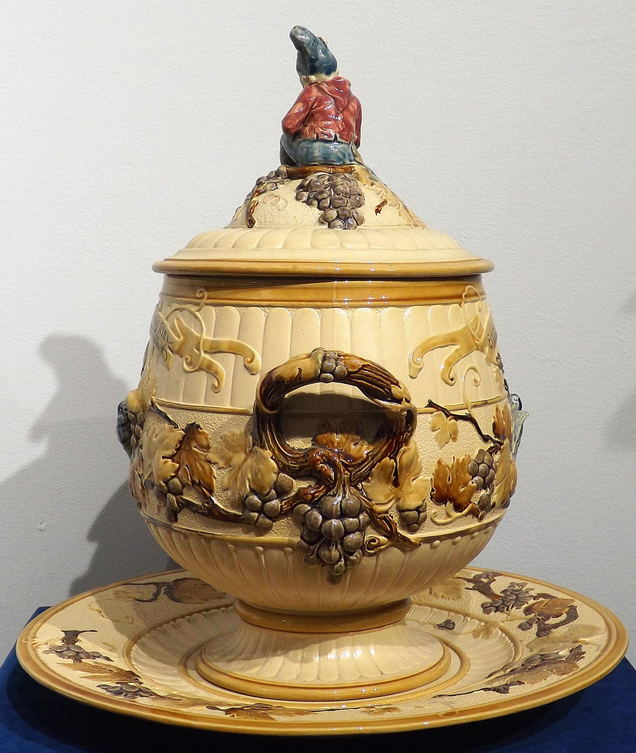 Antique 3-Piece Mettlach Punch Bowl Decorated with Wine Grapes and Gnome In Good Condition For Sale In Charlevoix, MI