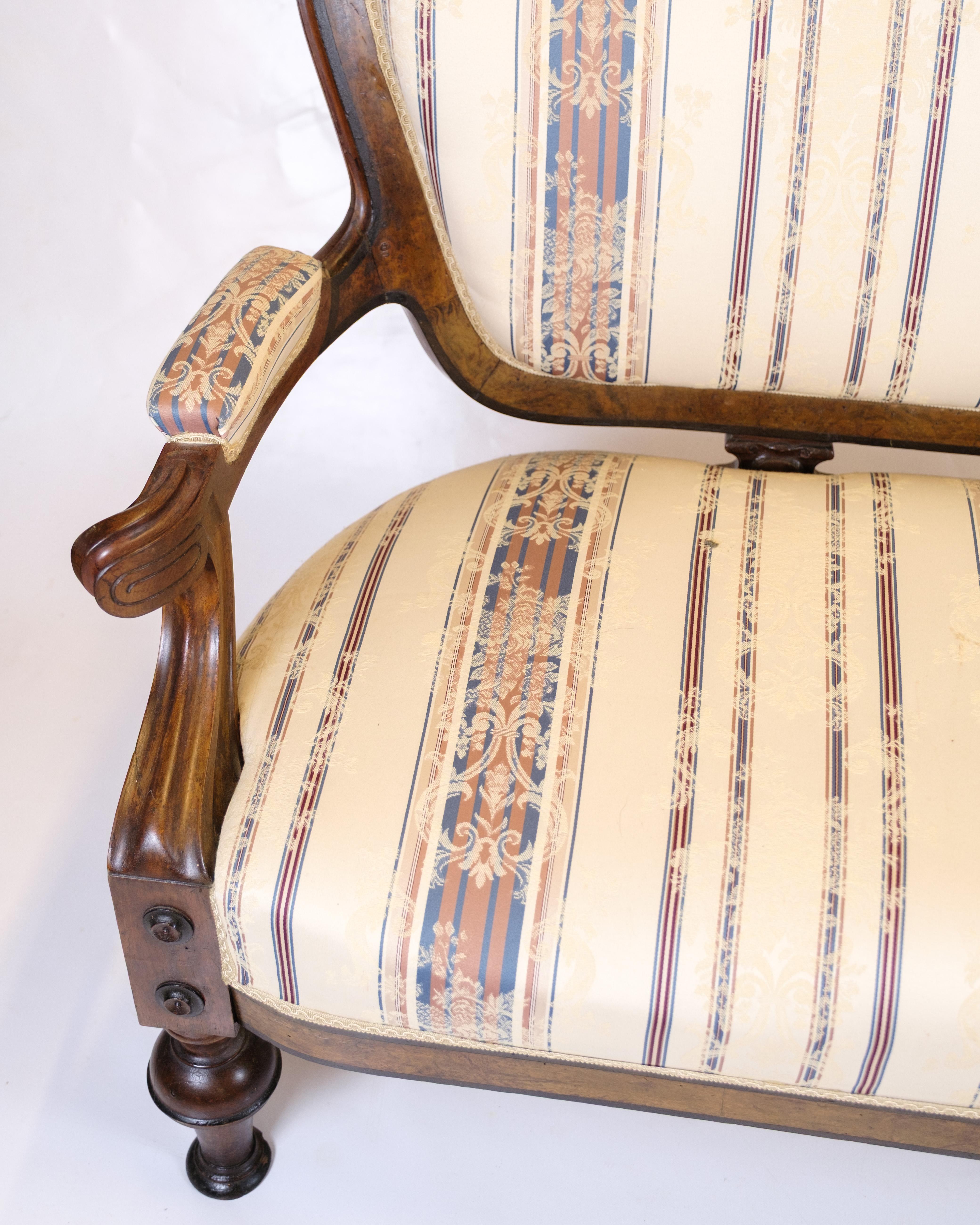 Antique 3-Seater Sofa In Klunke Style Made In Walnut & Striped Upholstery (Stoff) im Angebot