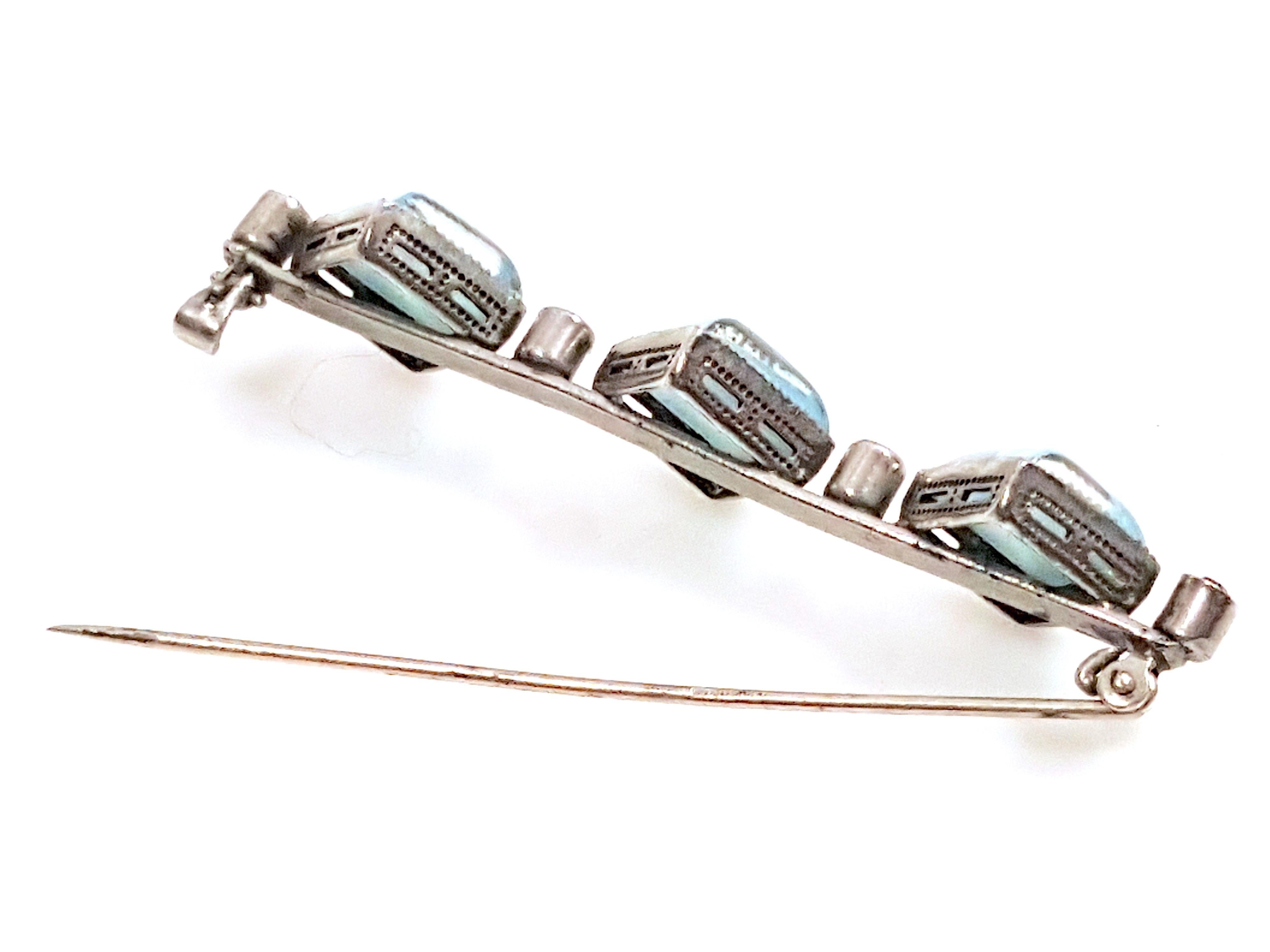 Edwardian Antique FabergeStyle 3AquamarineCabochons 4GreyDiamonds BezelSet Platinum Brooch For Sale