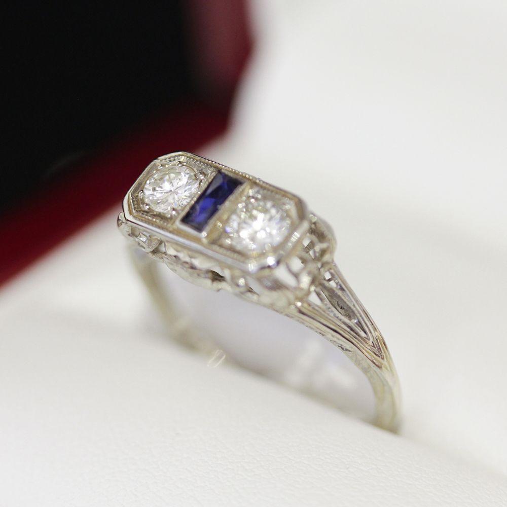 Art Deco Antique 3 Stone Diamond and Sapphire Ring, in Filigree Setting For Sale
