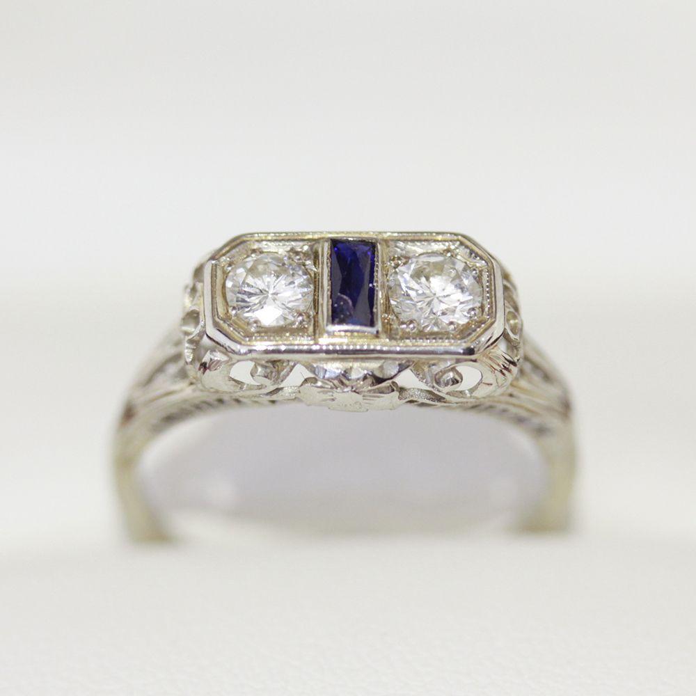 Brilliant Cut Antique 3 Stone Diamond and Sapphire Ring, in Filigree Setting For Sale