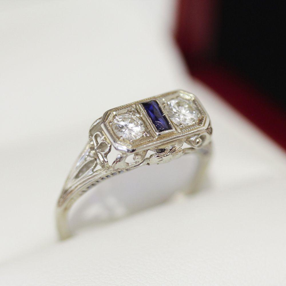 Women's Antique 3 Stone Diamond and Sapphire Ring, in Filigree Setting For Sale