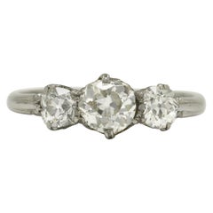 Antique 3-Stone Diamond Engagement Ring 1 Carat Platinum Trinity Band Old Mine