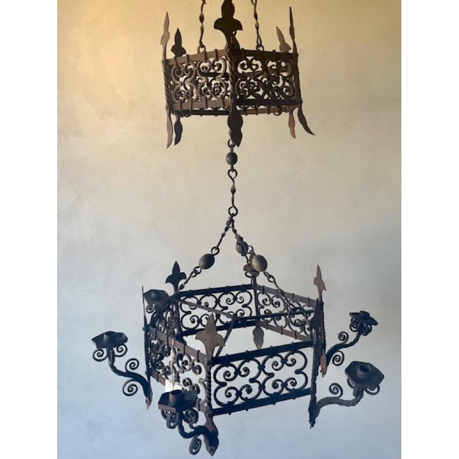 French Antique 3-tier Candle Iron Chandelier For Sale