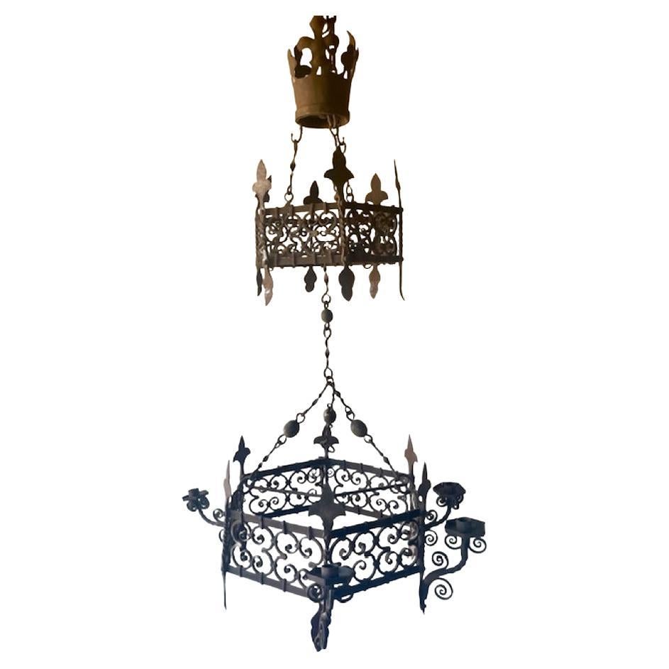 Antique 3-tier Candle Iron Chandelier For Sale