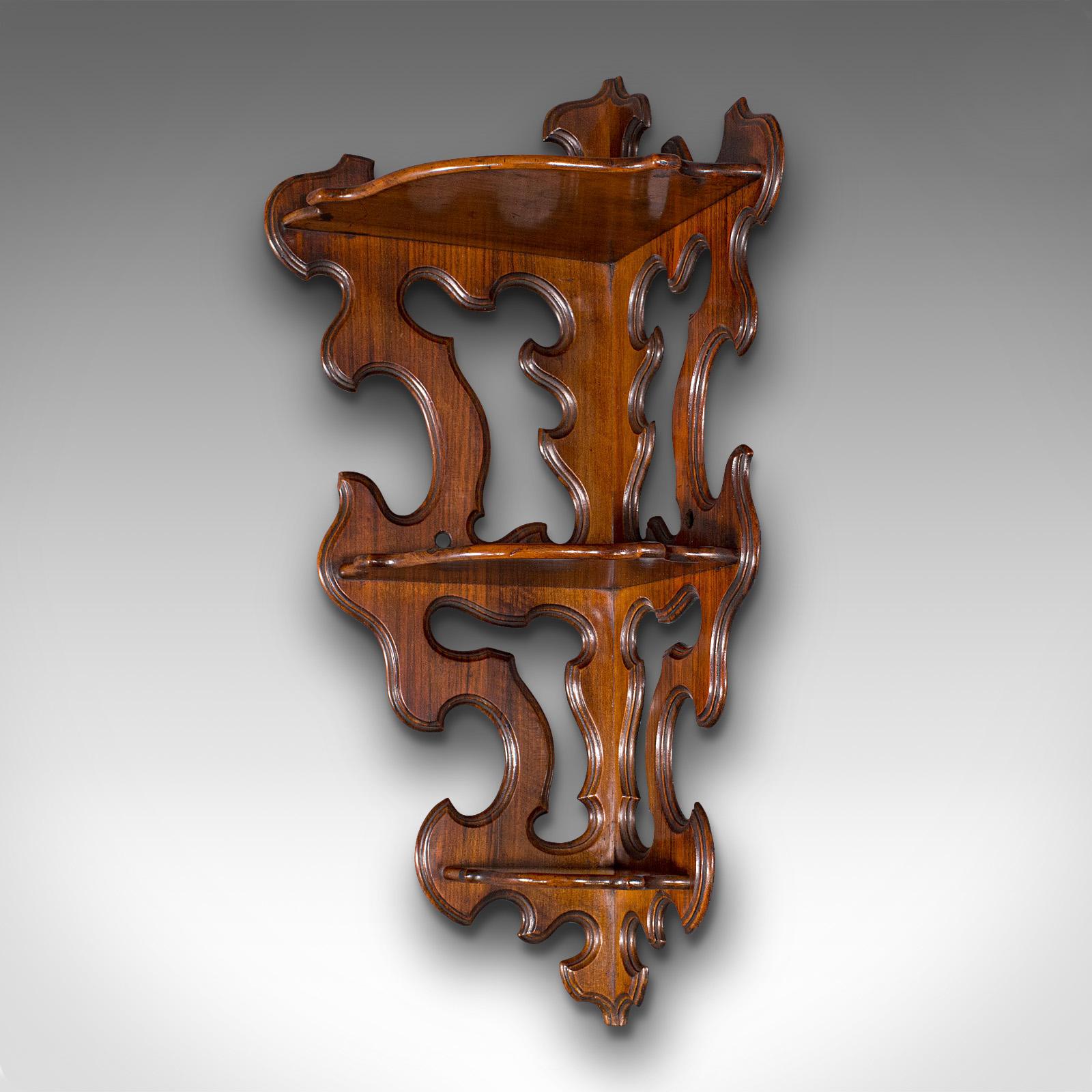 British Antique 3 Tier Hanging Whatnot, English, Rosewood, Corner Wall Shelf, Victorian