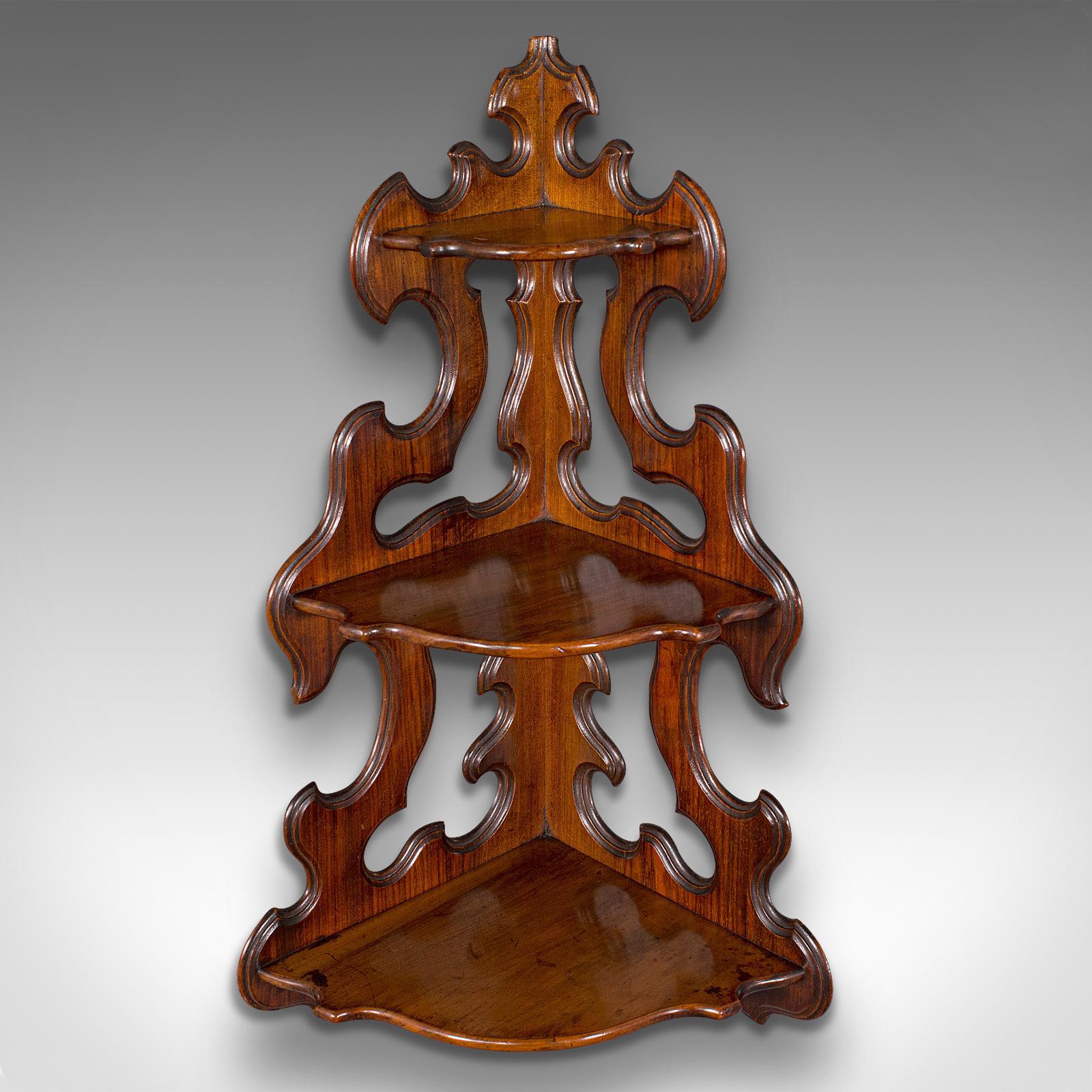 Antique 3 Tier Hanging Whatnot, English, Rosewood, Corner Wall Shelf, Victorian In Good Condition In Hele, Devon, GB
