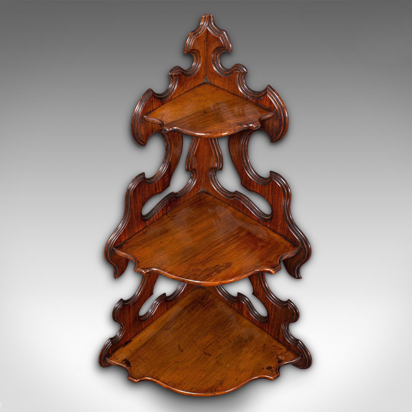 19th Century Antique 3 Tier Hanging Whatnot, English, Rosewood, Corner Wall Shelf, Victorian