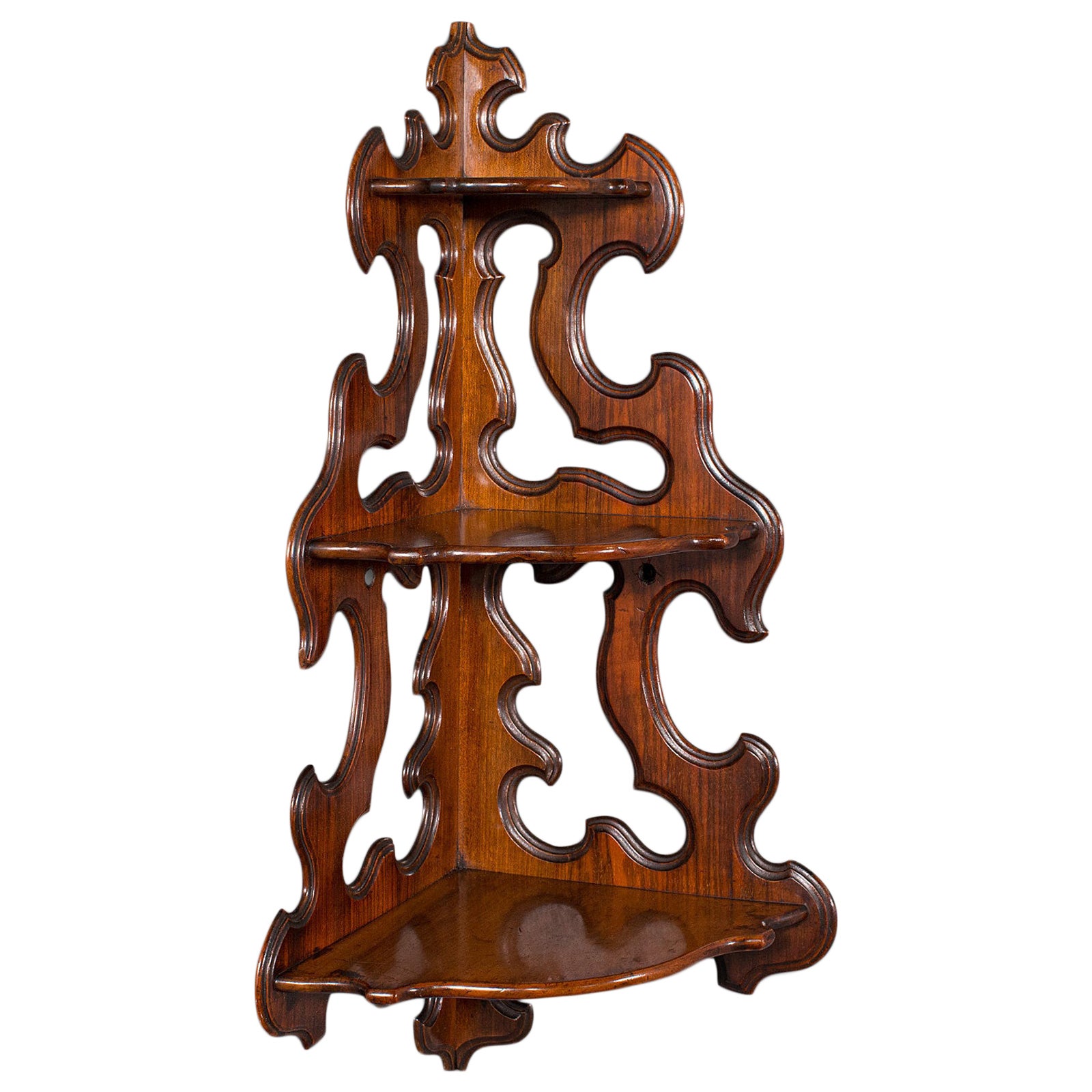 Antique 3 Tier Hanging Whatnot, English, Rosewood, Corner Wall Shelf, Victorian