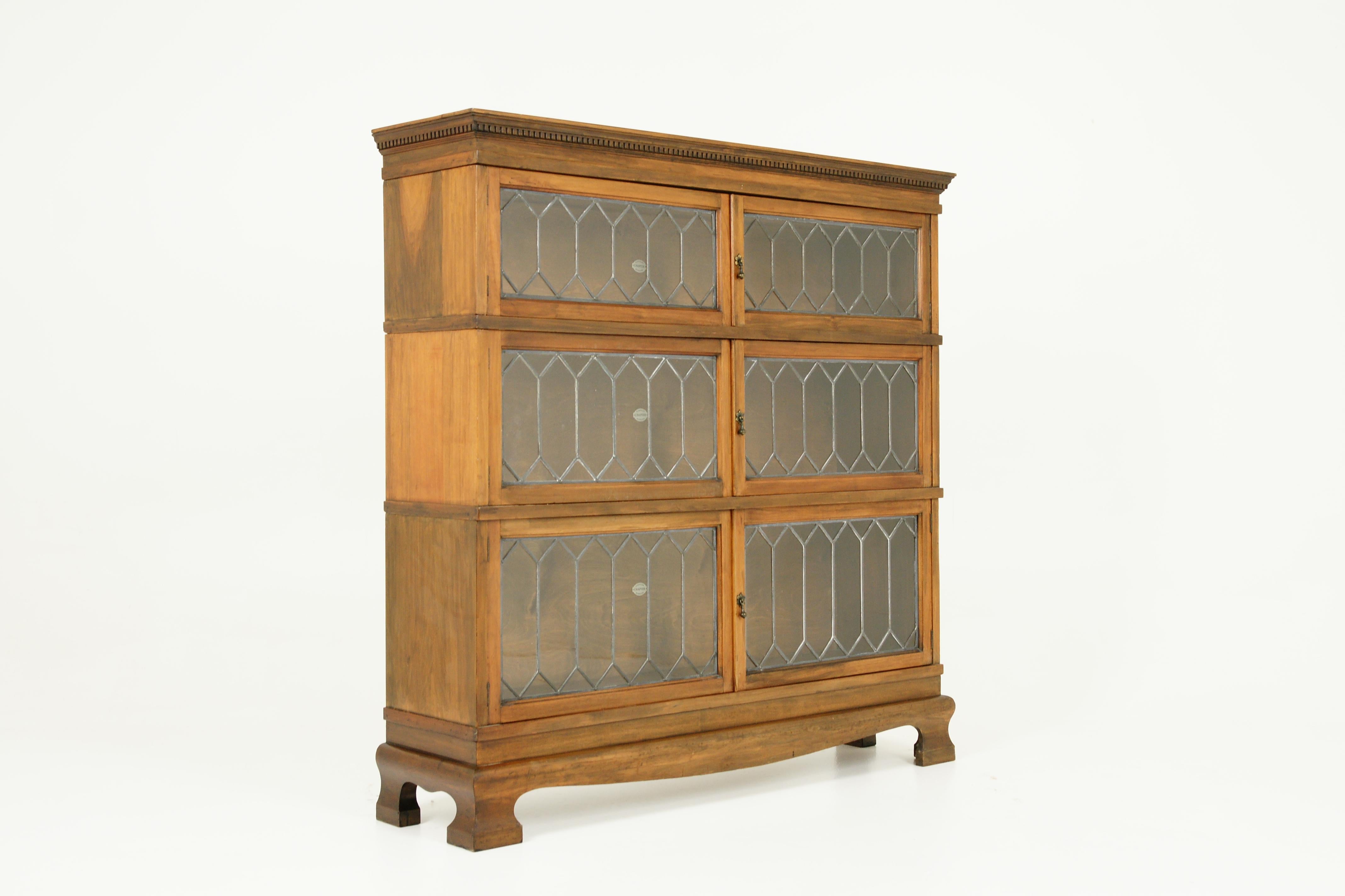 Hand-Crafted Antique 3 Tier Leaded Glass Bookcase, Mahogany Simpoles Chapter Bookcase, B2430