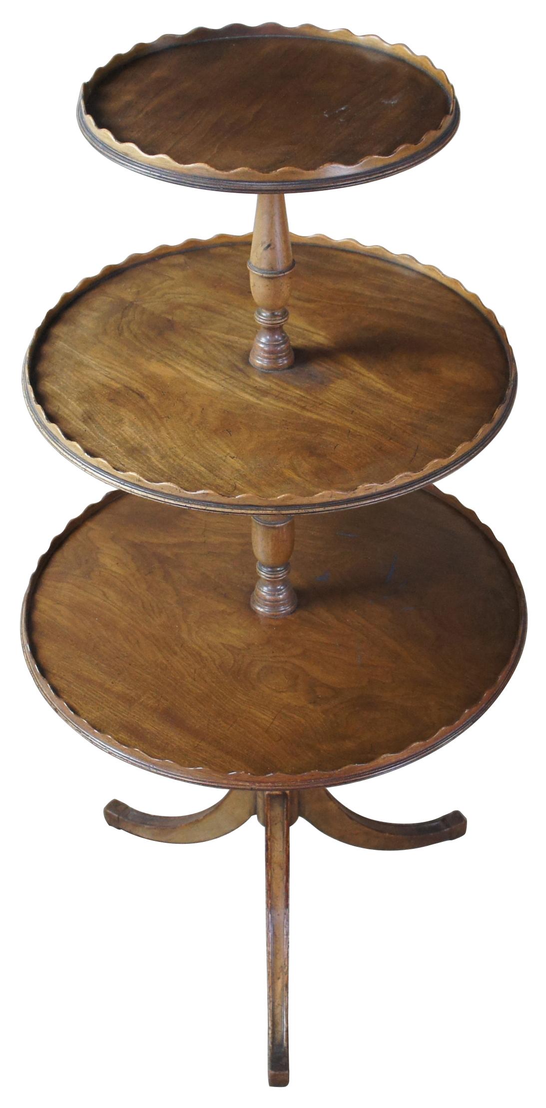 Antique Regency style dumbwaiter table. Made from mahogany with three tiers, a pedestal base with three legs, and wave crest serpentine design gallery. Measures: 46”.
  
Provenance: Estate of Carol Levitan and Jesse Philips
Mr. Philips was both a
