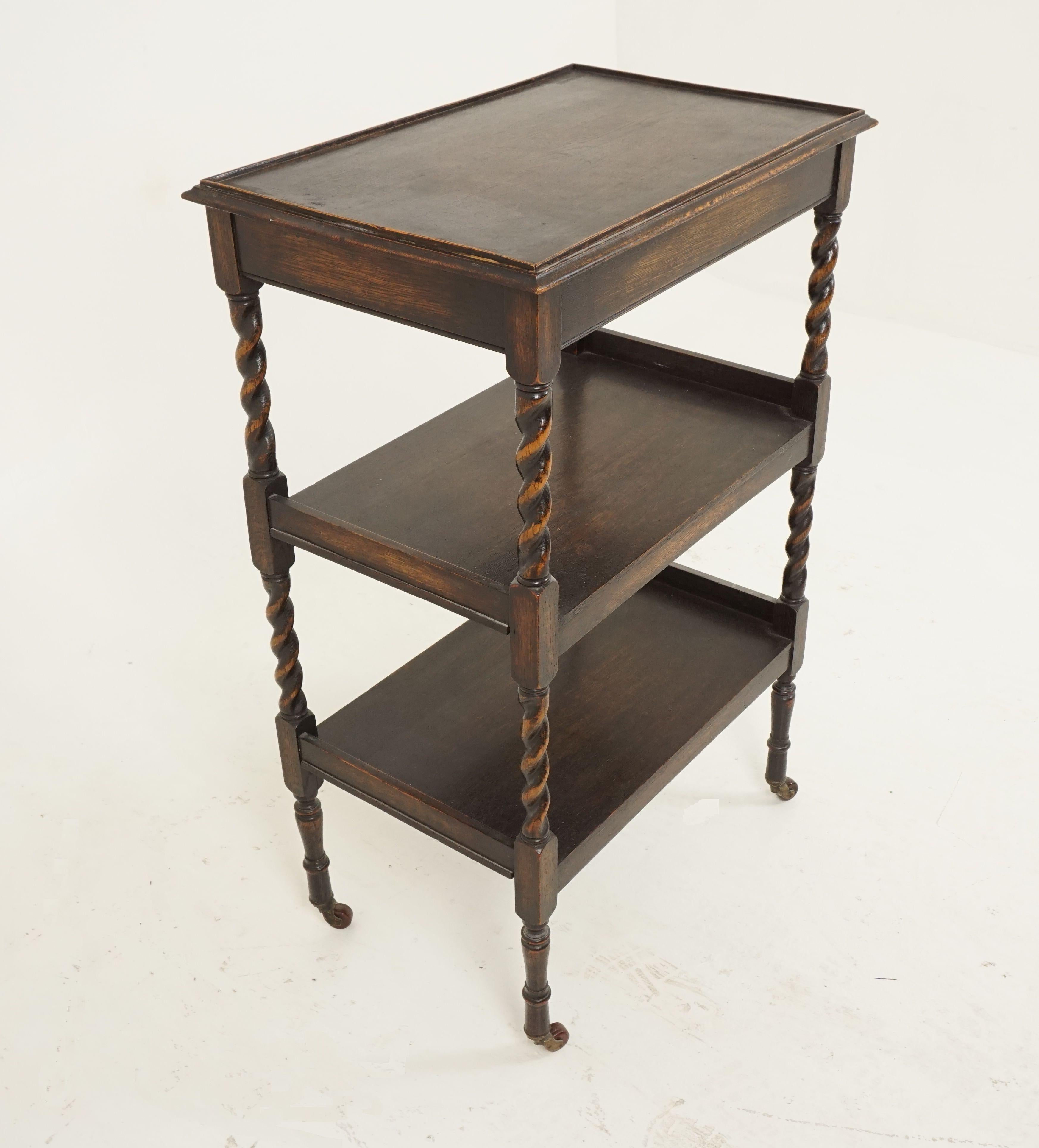 Scottish Antique 3 Tiered Oak Barley Twist, Trolley, Serving Table, Scotland 1910, B2716