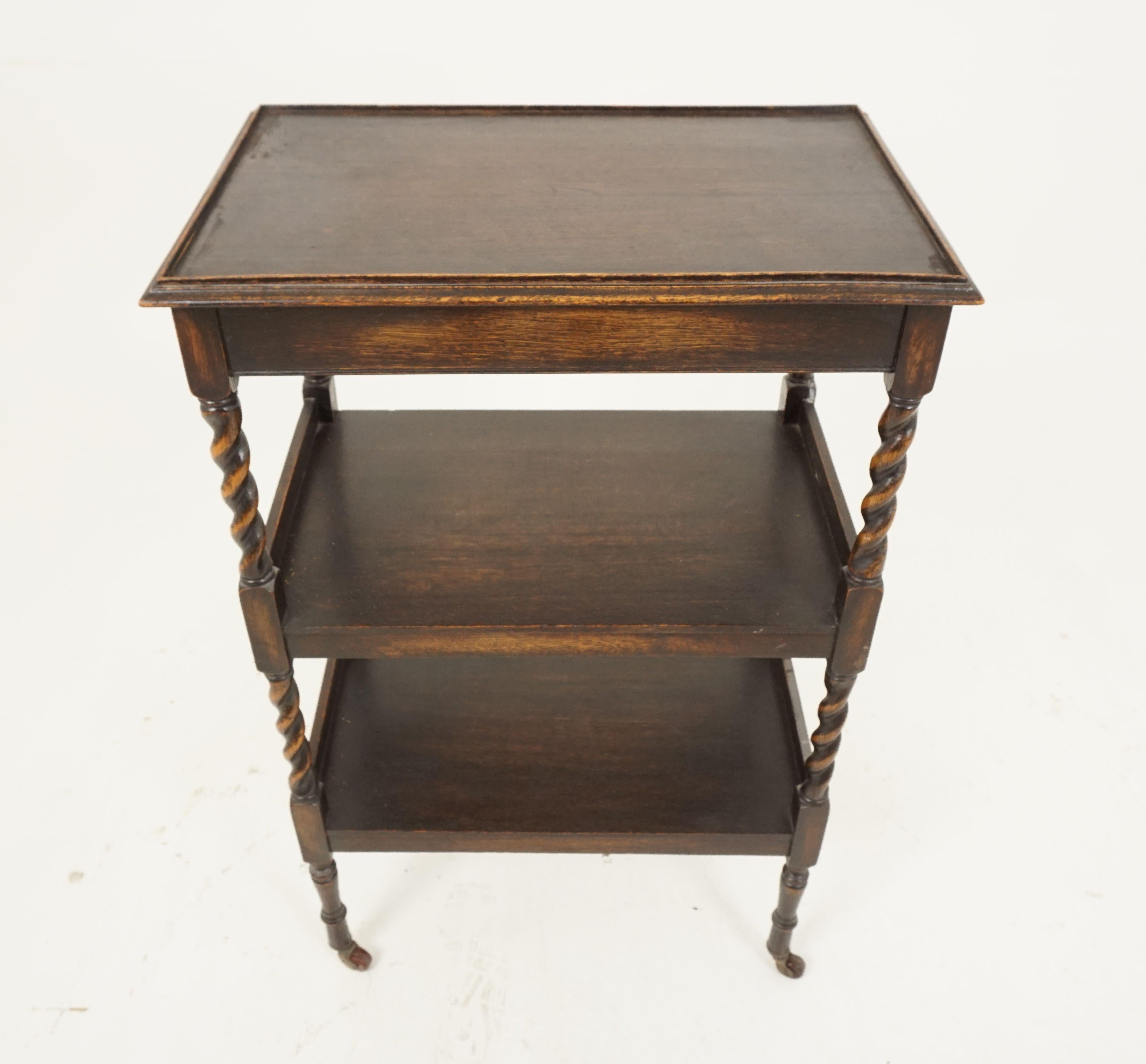 Hand-Crafted Antique 3 Tiered Oak Barley Twist, Trolley, Serving Table, Scotland 1910, B2716