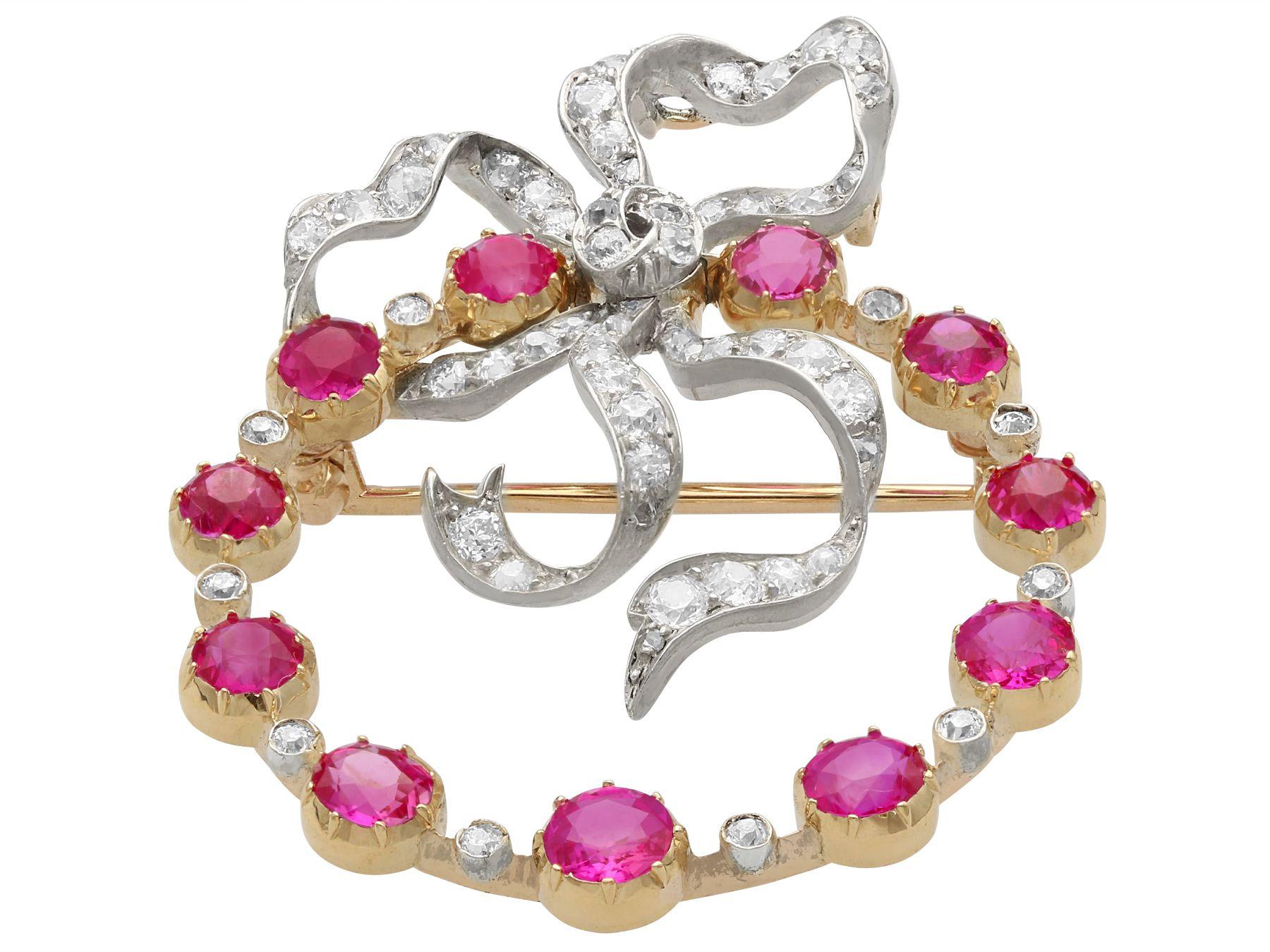 Round Cut Antique 3.00 Carat Burma Ruby and 1.02 Carat Diamond Yellow Gold Brooch For Sale