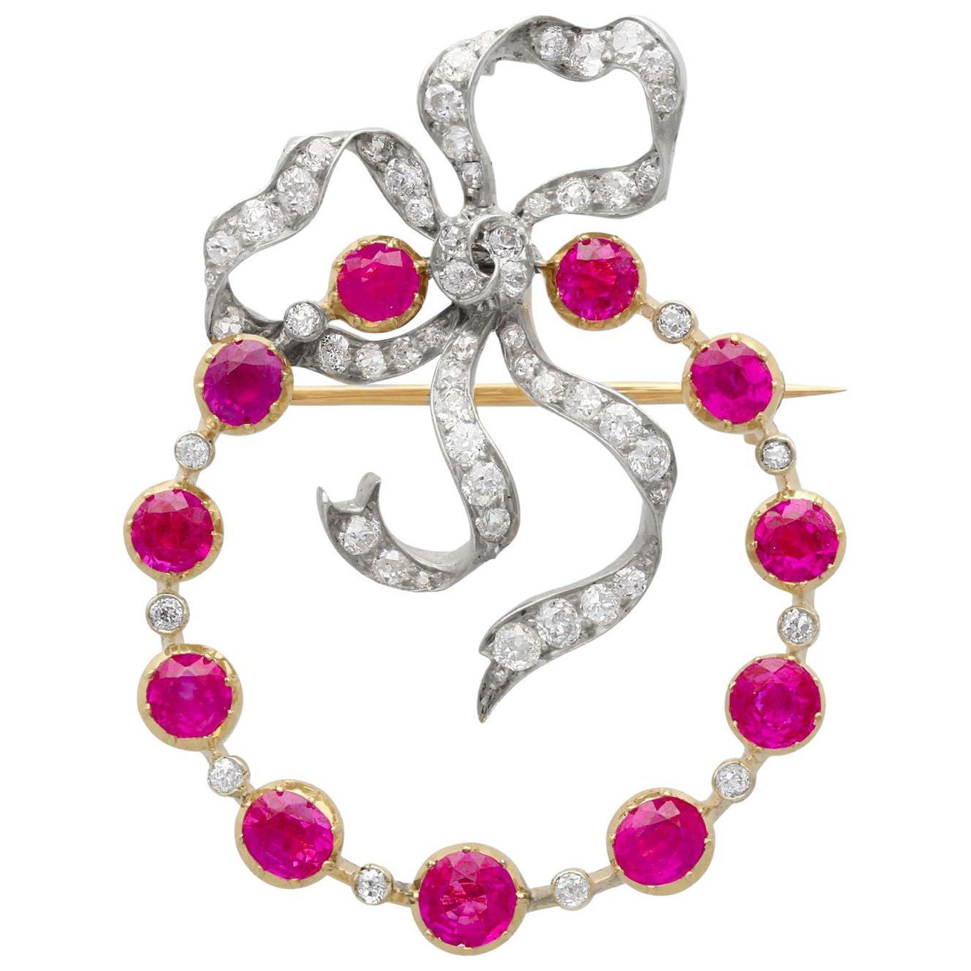 Antique 3.00 Carat Burma Ruby and 1.02 Carat Diamond Yellow Gold Brooch