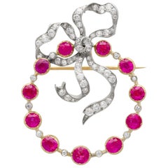 Antique 3.00 Carat Burma Ruby and 1.02 Carat Diamond Yellow Gold Brooch