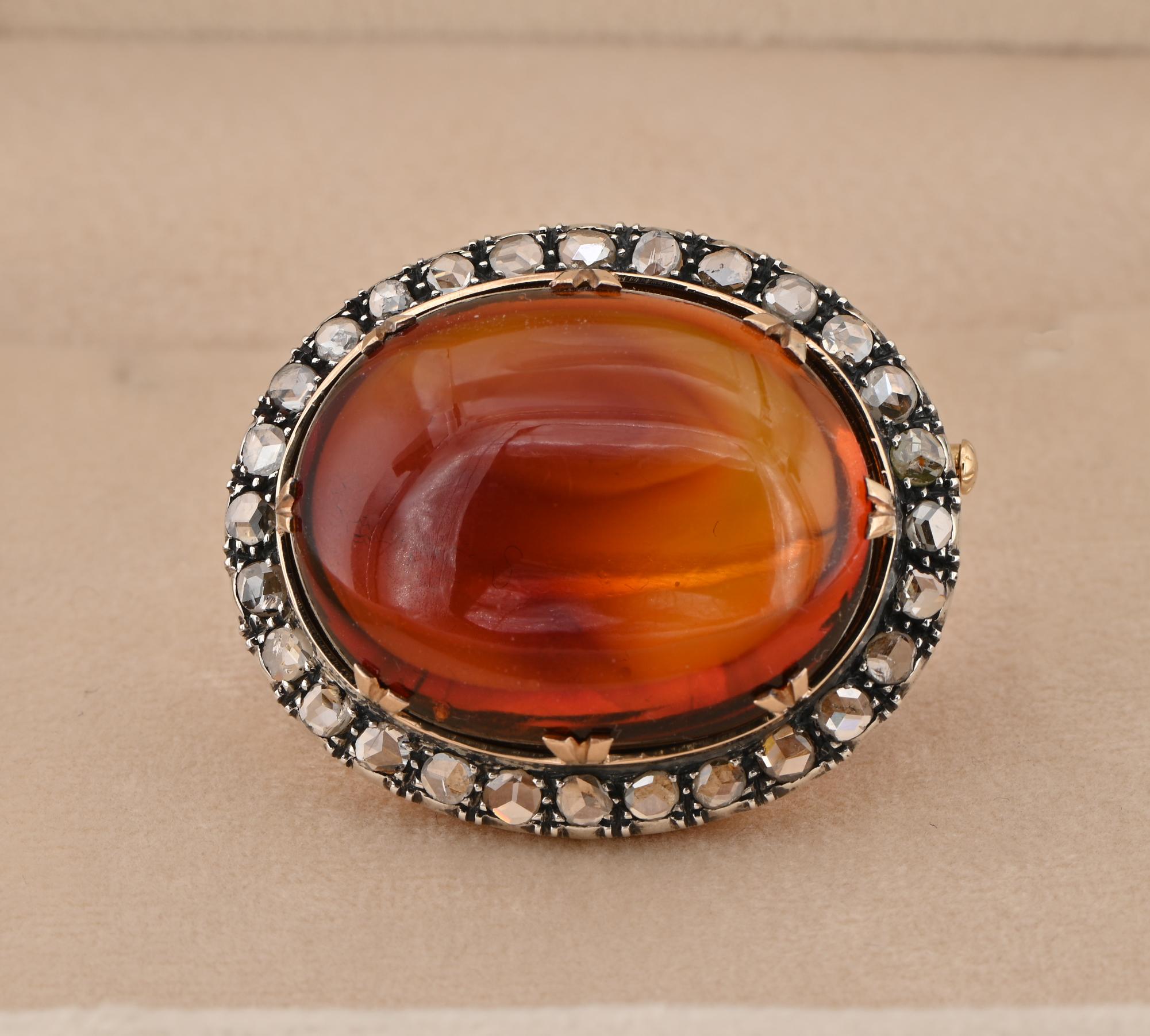 Rare Find
This spectacular and rare antique brooch is 1900 ca
Superbly hand crafted of solid 18 Kt gold with Silver portions for the Diamond setting
The brooch is large and rare example, oval shaped taken from the main stone, beautifully crafted