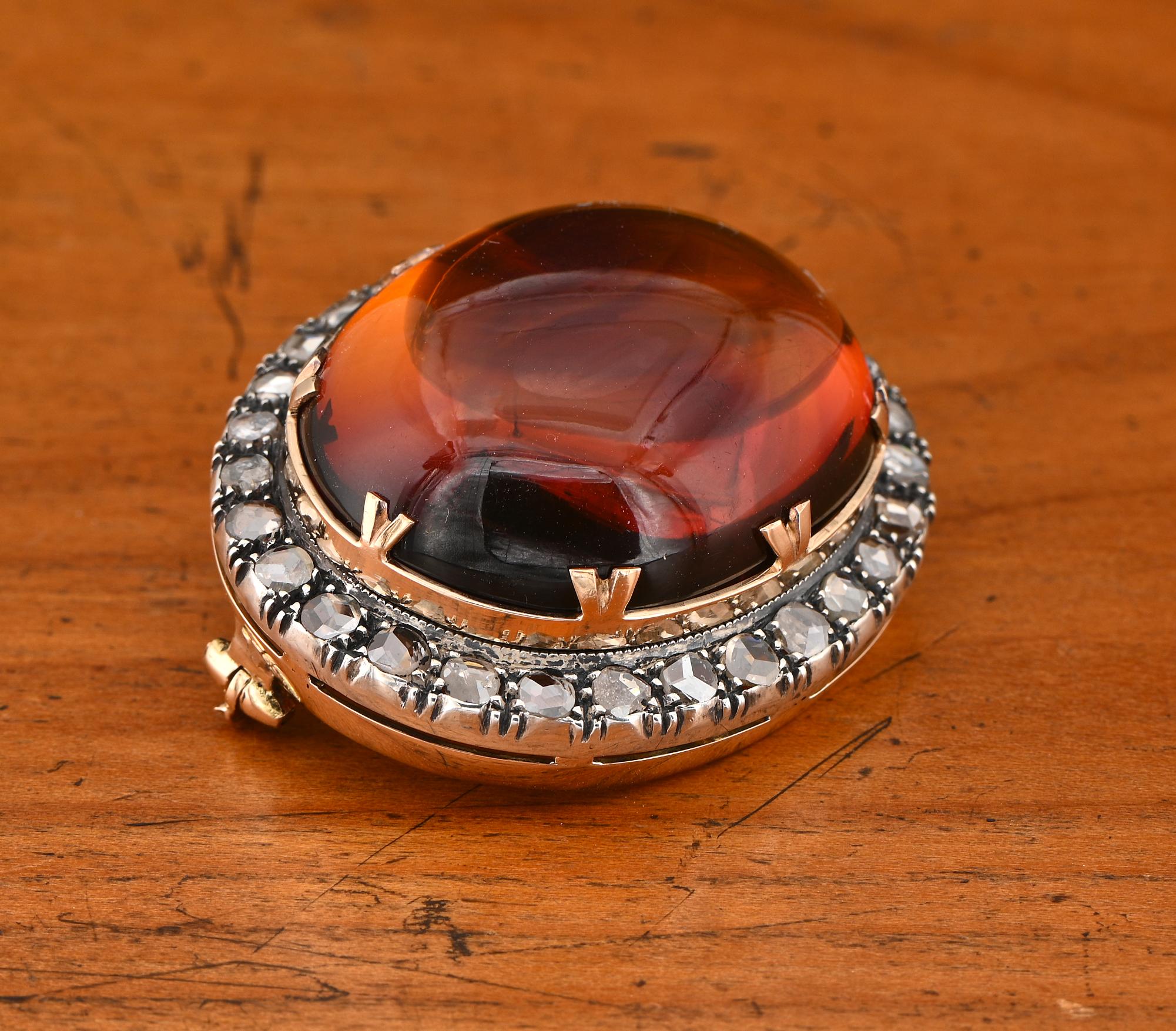 Edwardian Antique 30.00 Ct Baltic Amber and Rose Cut Diamond Brooch For Sale