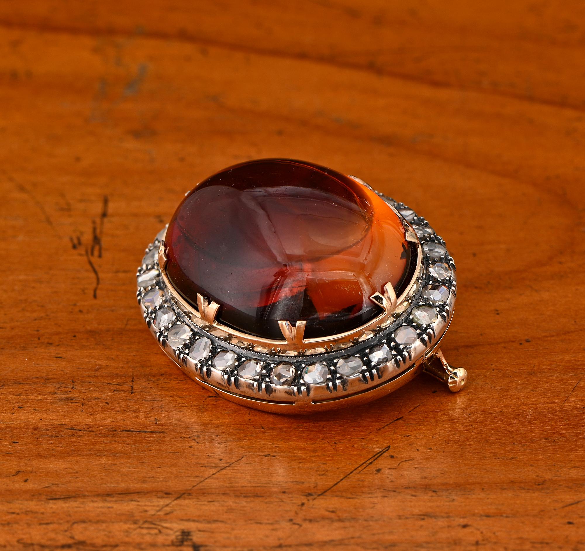 Women's Antique 30.00 Ct Baltic Amber and Rose Cut Diamond Brooch For Sale