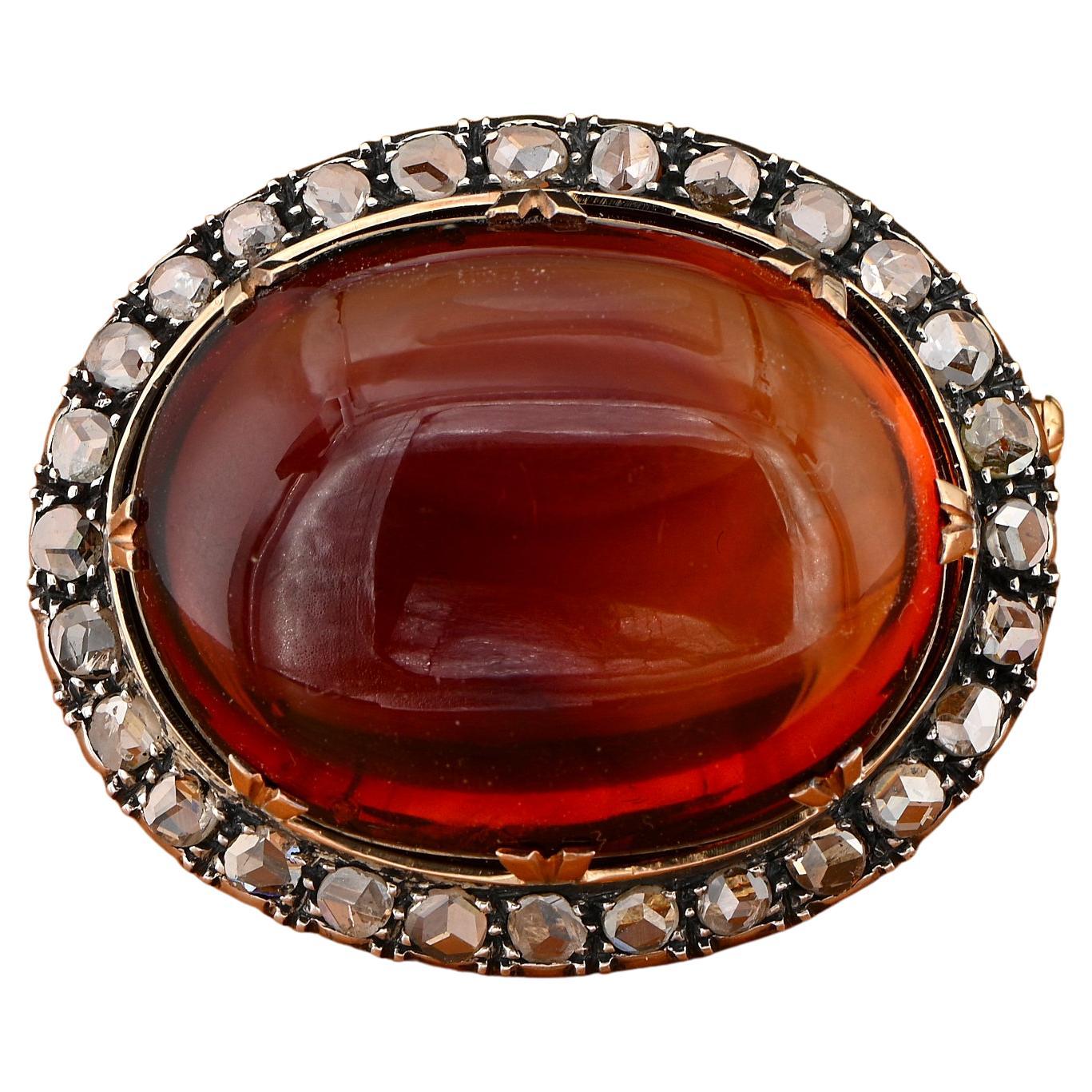 Antique 30.00 Ct Baltic Amber and Rose Cut Diamond Brooch For Sale