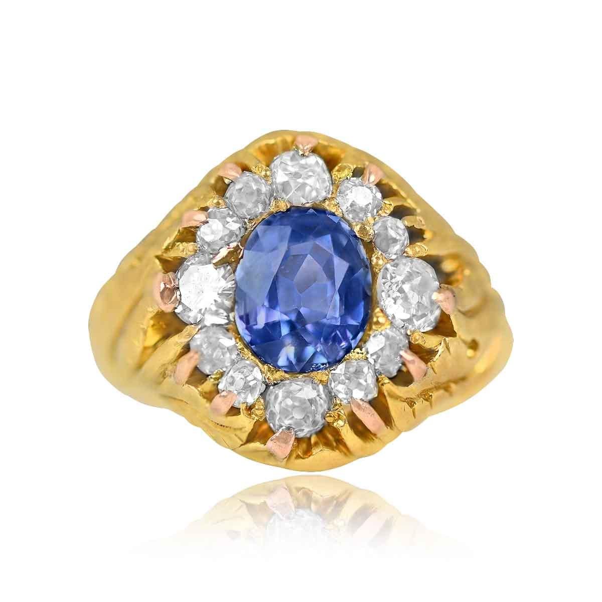 Exquisite Victorian-era Russian ring with a 3.00ct natural cornflower blue sapphire surrounded by 13 old mine-cut diamonds.

Ring Size: 6.5 US, Resizable 
Metal: Gold, Yellow Gold
Stone: Diamond, Sapphire
Stone Cut: Cushion Cut
Style: