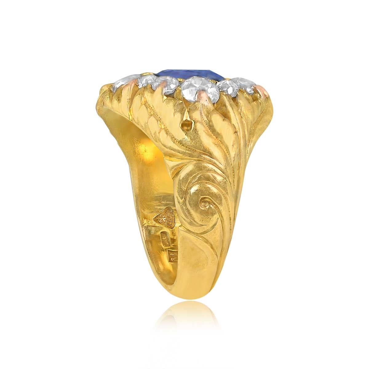 Victorian Antique 3.00ct Natural Blue Sapphire Cocktail Ring, Diamond Halo, Yellow Gold For Sale