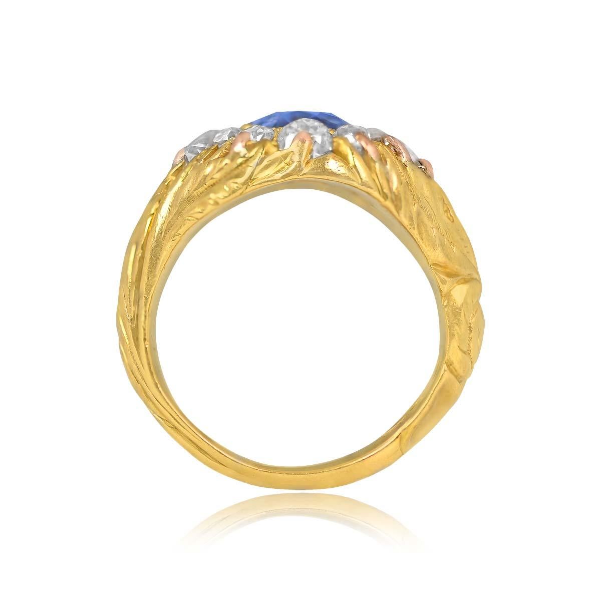 Cushion Cut Antique 3.00ct Natural Blue Sapphire Cocktail Ring, Diamond Halo, Yellow Gold For Sale