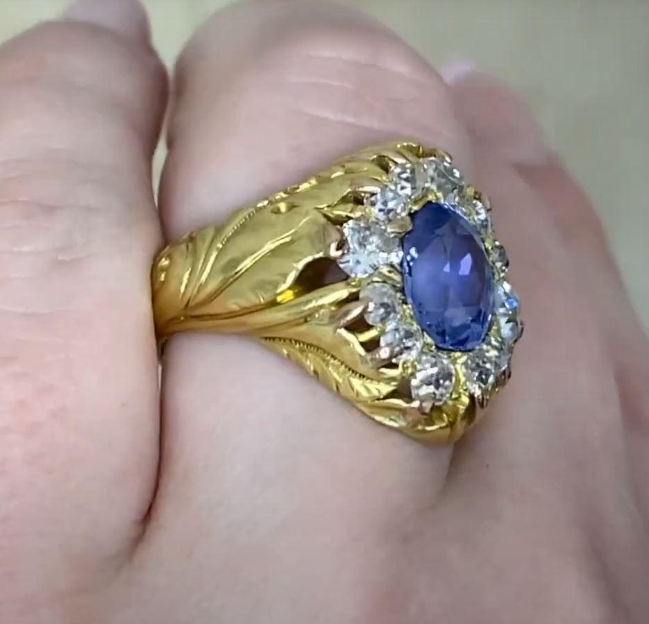 Women's Antique 3.00ct Natural Blue Sapphire Cocktail Ring, Diamond Halo, Yellow Gold For Sale