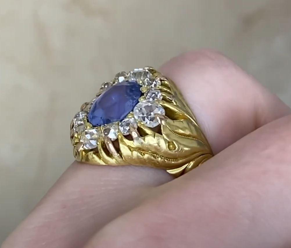 Antique 3.00ct Natural Blue Sapphire Cocktail Ring, Diamond Halo, Yellow Gold For Sale 1