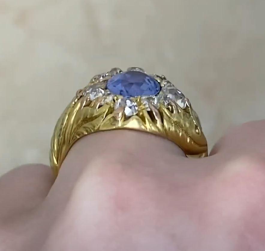 Antique 3.00ct Natural Blue Sapphire Cocktail Ring, Diamond Halo, Yellow Gold For Sale 2