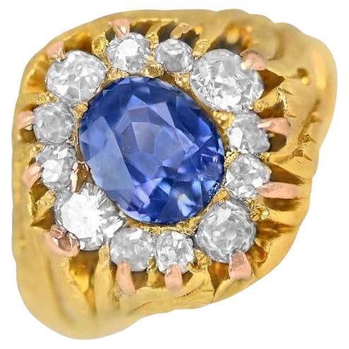 Antique 3.00ct Natural Blue Sapphire Cocktail Ring, Diamond Halo, Yellow Gold For Sale